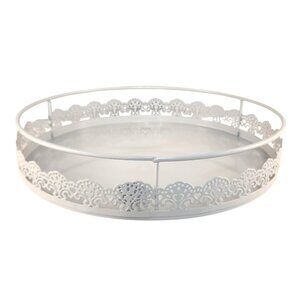 White Metal Round Serving Tray With Lace Edge Elegant Decorative Platter For Hom
